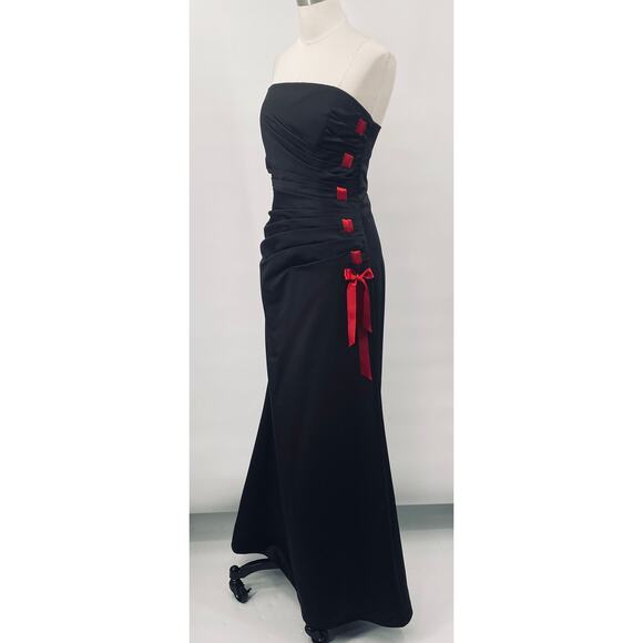 Vintage 90s Y2k Satin Gown Strapless Ribbon Lace Up Side Ruched Black Red 0 - Picture 3 of 10